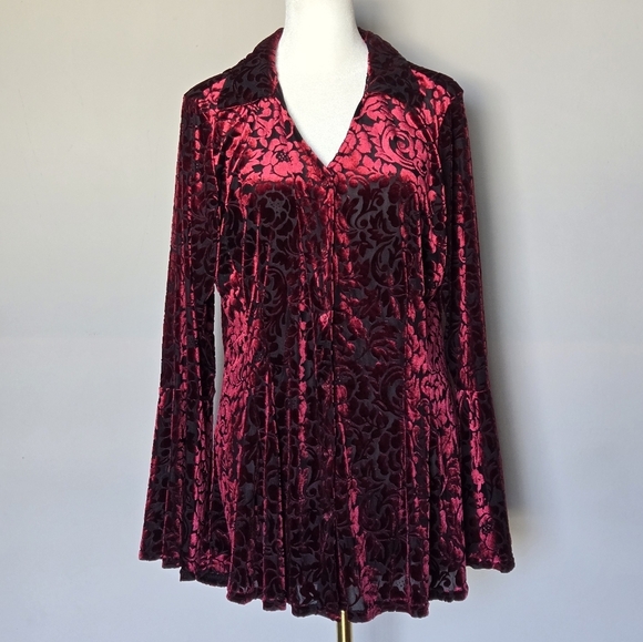 Ultra Pink Velvet Burnout Fairy Witchy Gothic Edgy Button Down  Flare Sleeve Top - Picture 2 of 15